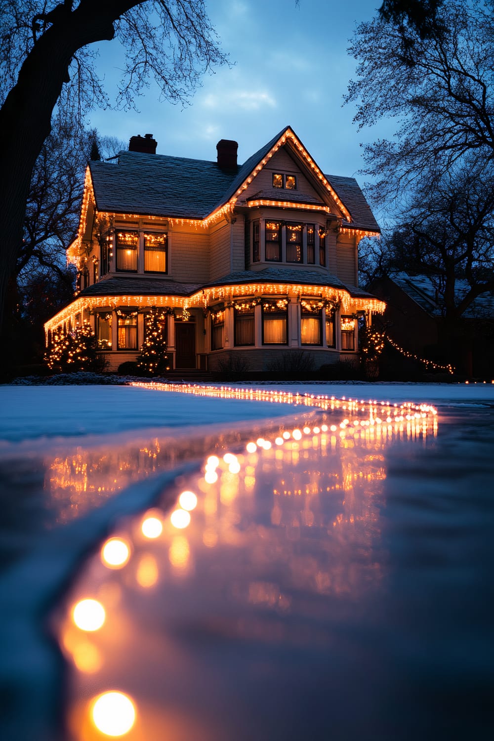 An elegantly decorated Craftsman-style house illuminated with warm white Christmas lights in the evening. The lights outline the roof and windows, with additional lights adorning nearby bushes. A pathway leading to the house is lined with glowing lights, reflecting on an icy surface, enhancing the festive ambiance against a dusky twilight sky.