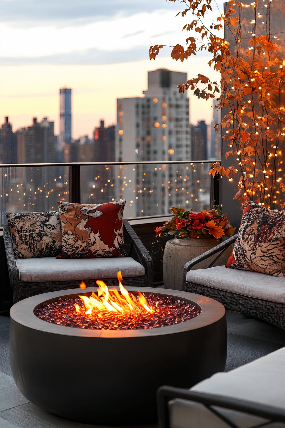 An urban terrace with a fire pit at sunset features city skyscrapers in the background. The fire pit has a sleek, rounded design surrounded by modern lounge chairs adorned with abstract-patterned cushions in earthy tones. Autumnal foliage and string lights enhance the cozy ambiance.