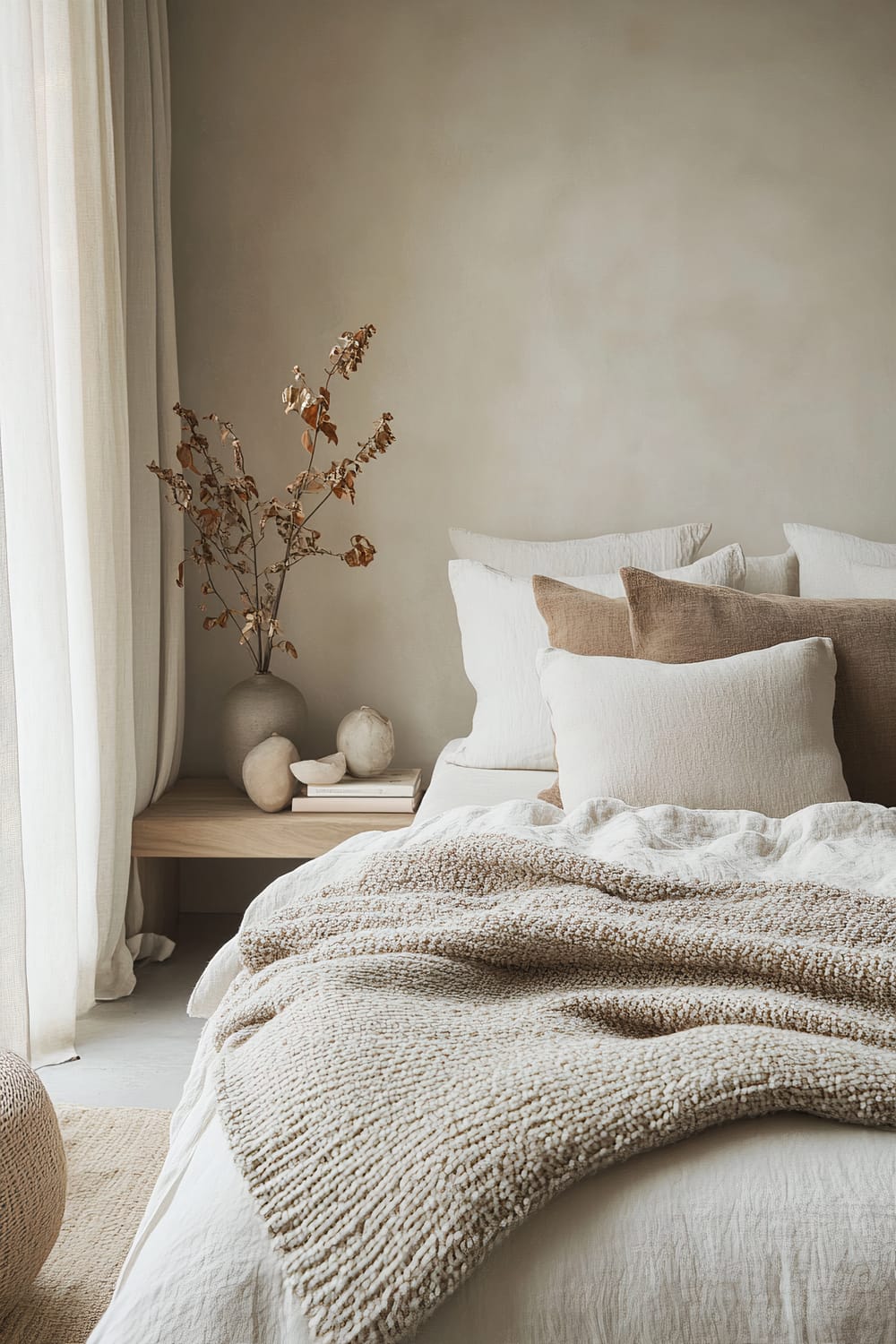 An elegantly minimalistic bedroom features a bed with white and beige pillows and a textured beige throw blanket. Adjacent to the bed is a wooden side table holding a vase with dried branches, a couple of decorative rocks, and a set of books. A gauzy, white curtain allows soft, natural light to filter into the room, accentuating the neutral color palette of the walls and furnishings.