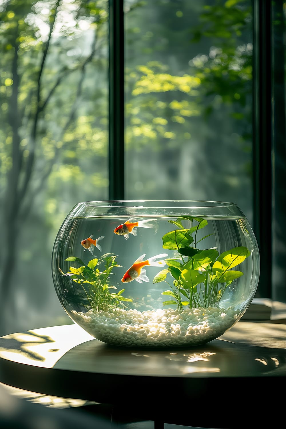 A minimalist setup featuring a sleek glass fish bowl on a round coffee table. The fish bowl contains small colorful fish, lush green aquatic plants, and white pebbles at the bottom. Natural light filters through large windows in the background, creating a peaceful and serene ambiance.