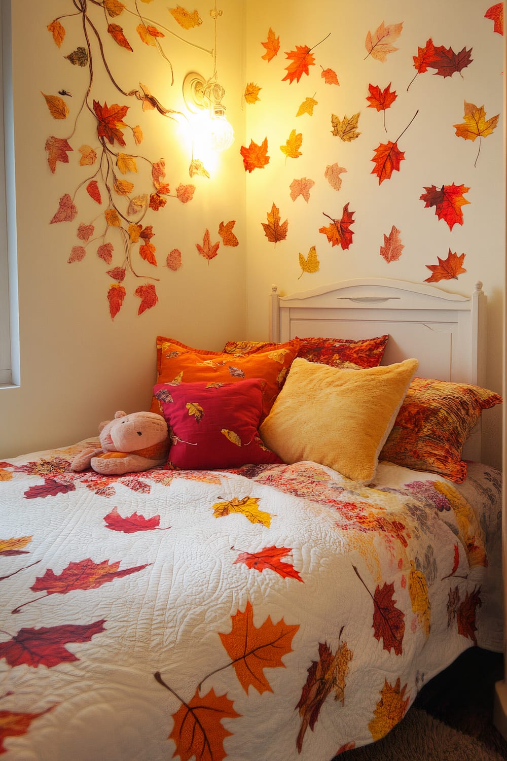 A bedroom with an autumn theme, including a bed and walls decorated with colorful leaves. The bed has a white headboard and multiple pillows in shades of orange, red, and yellow. There is a wall lamp to the left, illuminating the room with a warm, cozy glow.