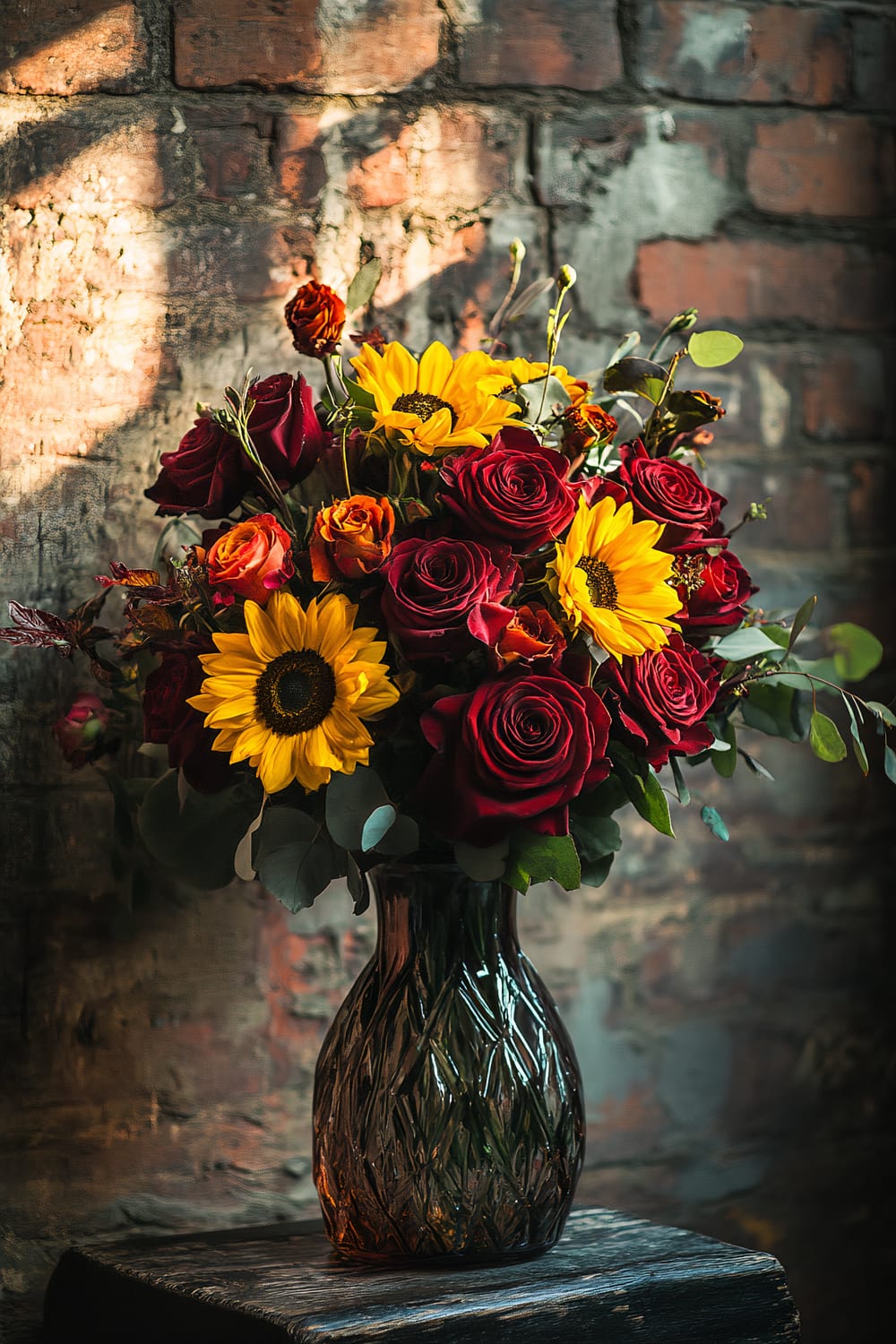 A bouquet featuring vibrant yellow sunflowers, deep red roses, and orange roses in a dark textured glass vase is placed against a rustic brick wall. The composition is bathed in natural light, highlighting the vivid colors of the flowers and the rugged texture of the wall.