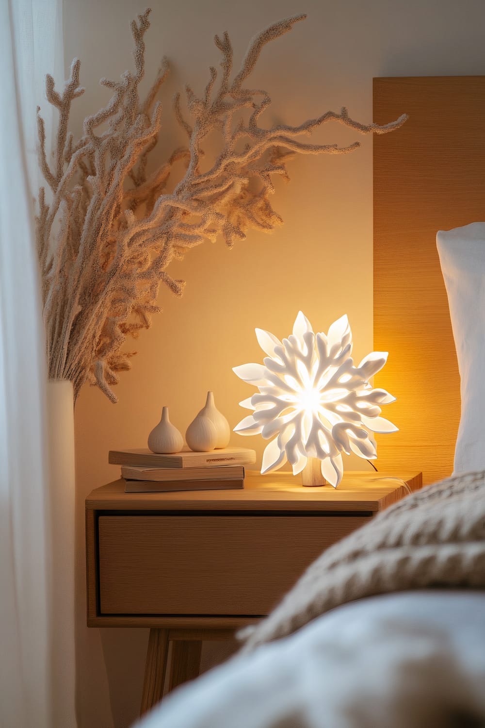 A white ceramic snowflake-shaped lamp glows warmly on a minimalist wooden nightstand in a bedroom. Next to the lamp are two small white decorative objects and a few stacked books. The nightstand is placed against a wooden headboard, and to the left, dried branches in a vase complement the serene decor.