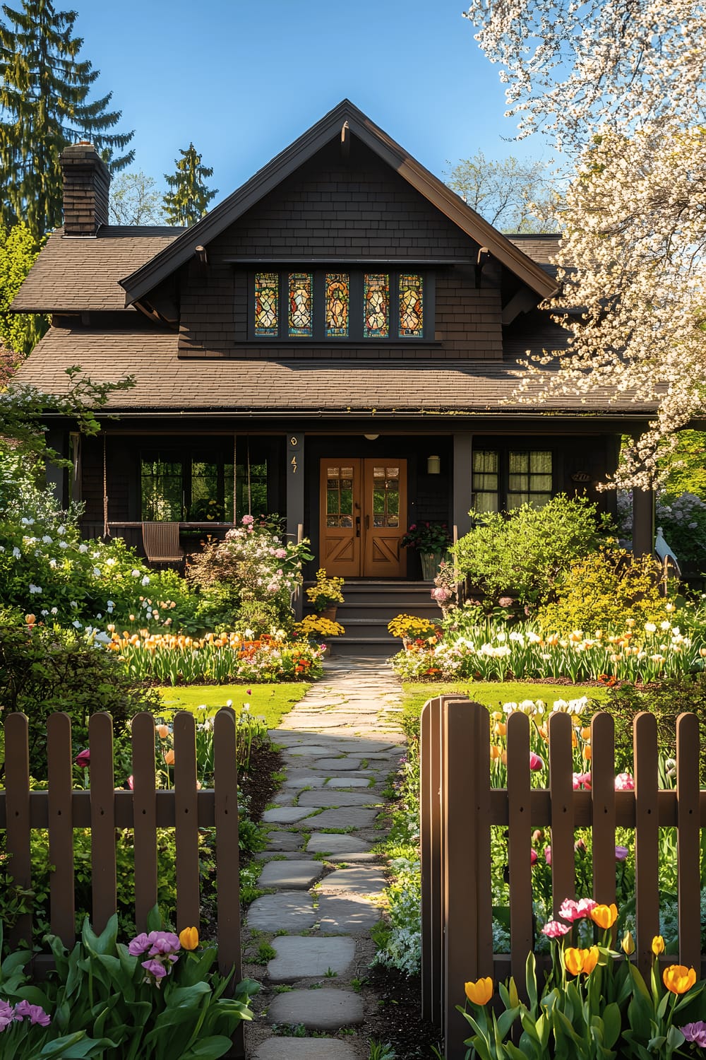 A classic Craftsman-style home with a rich brown shingled exterior, deep eaves, and exposed wooden beams. The home is framed by a rustic wooden picket fence encapsulating a vibrant garden bursting with spring blooms such as tulips and daffodils. The front porch is adorned with a cozy swing, potted ferns and features a warm-toned wooden door decorated with intricate stained glass. A stone pathway, lit up by golden sunlight, leads up to the main entrance. Climbing roses draped over the fence sway gently in the breeze.