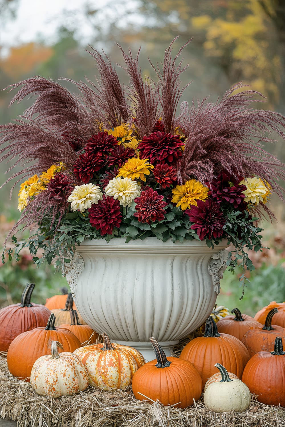 An ornate, cream-colored urn is filled with a vibrant arrangement of fall flowers, including dark red, yellow, and white blooms. The flowers are complemented by tall, wispy grasses in muted tones of burgundy and cream. The urn sits on a bed of straw surrounded by a variety of pumpkins in shades of orange, white, and speckled patterns. The background is an outdoor setting with blurred autumn foliage in shades of green, yellow, and orange.