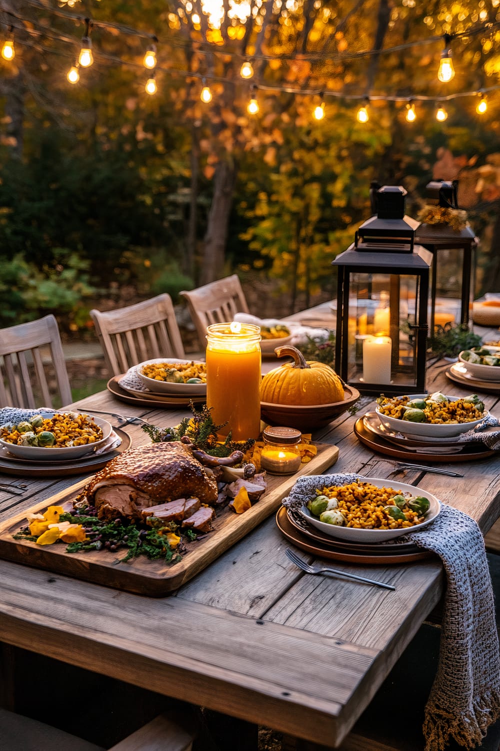 An outdoor Friendsgiving dinner setup featuring a long wooden table adorned with plates of roasted duck, wild rice pilaf, and roasted Brussels sprouts. The table is decorated with a pumpkin spice punch bowl, two vintage lanterns, and fairy lights overhead. The scene is surrounded by mismatched vintage chairs, soft blankets, and autumn foliage in the background.