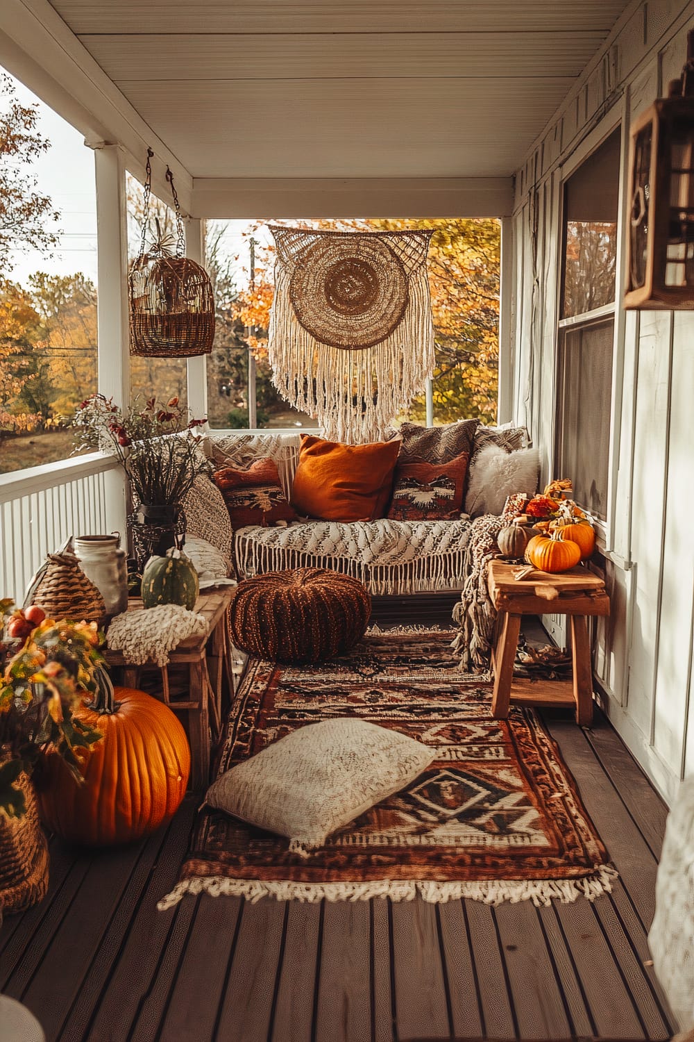 A covered porch decorated with a cozy, autumn-inspired theme. The space includes a cushioned bench adorned with throw blankets and pillows in various earthy tones. A macramé wall hanging is suspended above the bench, and an array of plush cushions are scattered on a patterned rug nearby. Additionally, pumpkins and fall foliage contribute to the seasonal decor, and a wooden side table is adorned with small gourds and a basket.