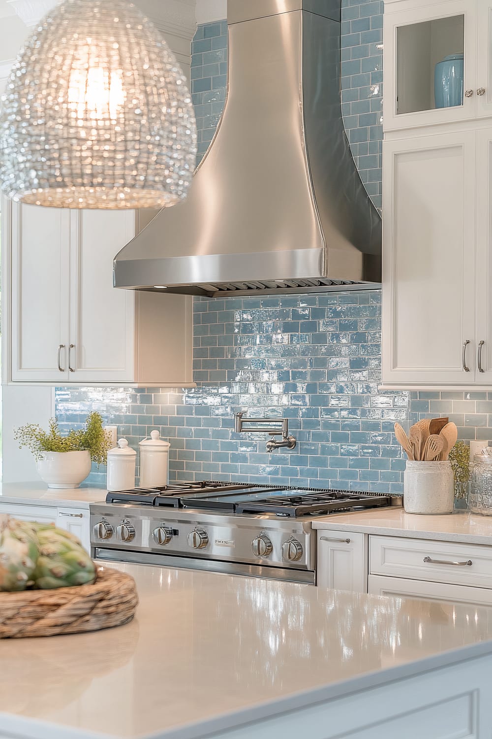 A modern kitchen with a stainless steel range hood above a gas stove and oven, surrounded by white cabinetry. The backsplash features glossy blue subway tiles. A large woven basket with artichokes sits on the marble countertop of a kitchen island. Decorative items, such as a bowl with greenery and ceramic containers, adorn the countertop. A woven pendant light hangs above the island.