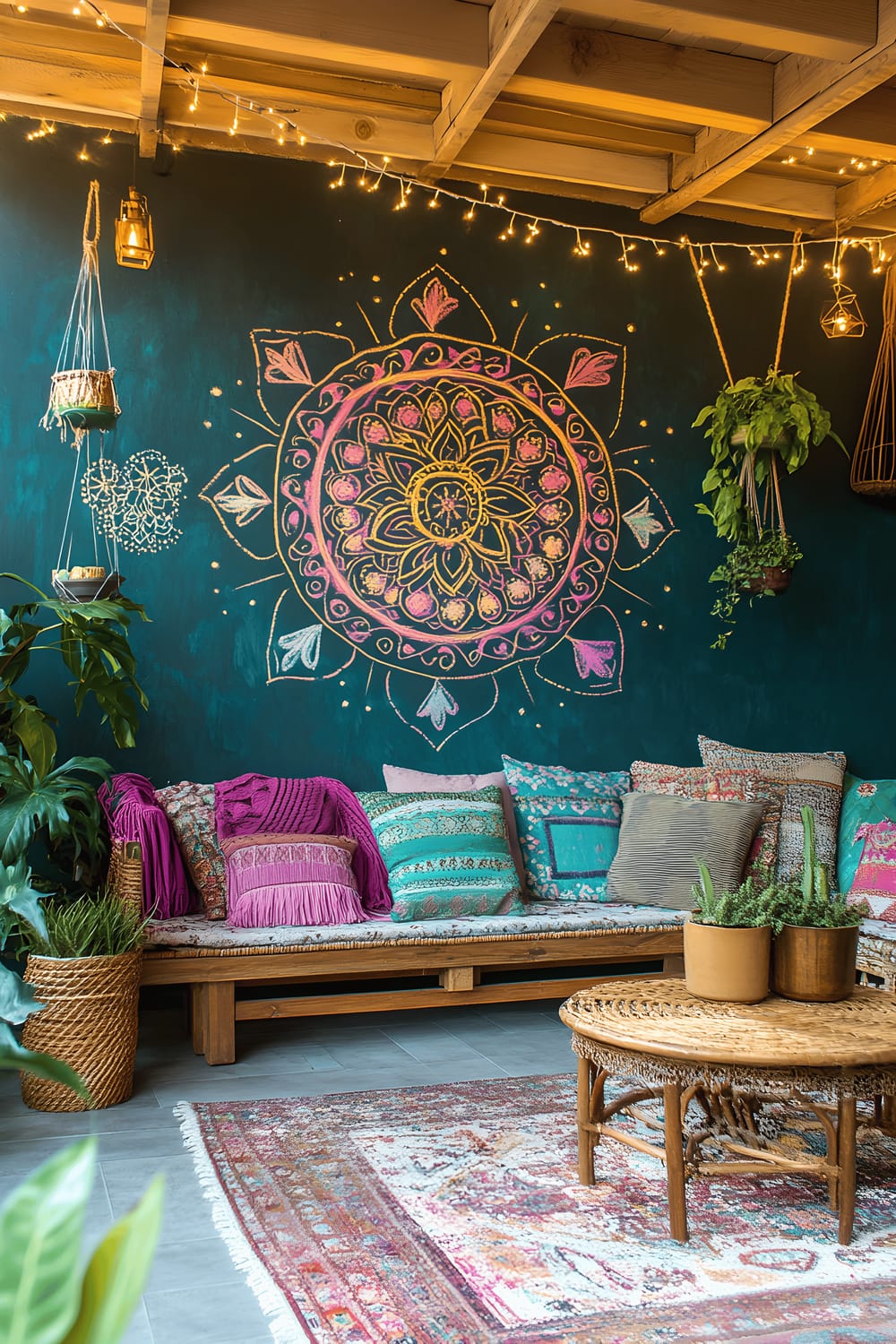 A bohemian-style living room with a captivating mural of vibrant chalk art featuring mandalas and intricate patterns in magenta, turquoise, and gold on a deep teal accent wall. The room is filled with eclectic furniture adorned with various patterned textiles and materials like wood and rattan. A pleasant string of fairy lights provide soft ambient lighting, enhancing the warm hues of the room. The space also showcases multiple potted plants and layered rugs, adding to the artistic and inviting atmosphere.