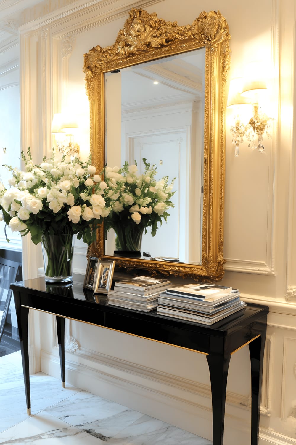 A chic entryway in a London home features an oversized ornate mirror with a gold frame, reflecting the elegant decor. The room is furnished with a sleek black console table holding a decorative vase with fresh flowers and a stack of design magazines. The room is finished with polished marble flooring and is softly lit, creating a sophisticated ambiance.