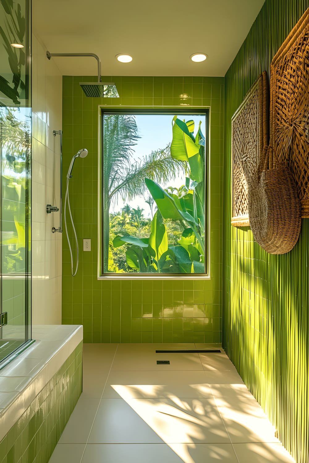 A bright modern bathroom with lush green bamboo panels, paired with sleek white bathroom fixtures. A frameless glass shower with a rain showerhead is adjacent to the large windows, which opens up to a view of tropical foliage and lets in abundant natural light. The room is decorated with woven baskets and colorful botanical prints that add a lively touch.