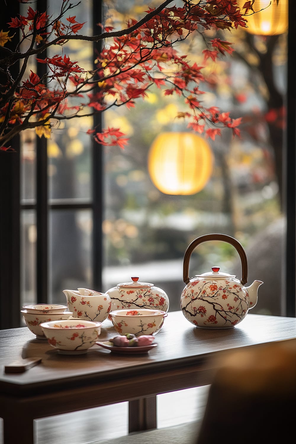 A beautifully set coffee table displays an exquisite Japanese porcelain tea set adorned with cherry blossom motifs. The set includes a teapot, cups, and bowls, all placed meticulously on the table. The atmosphere is enriched by soft ambient lighting and accentuated by red and yellow maple leaves hanging from a branch above. In the background, there are illuminated paper lanterns and a serene, blurred garden view.