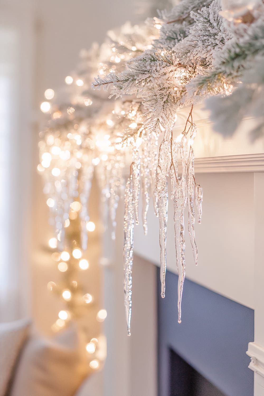 An elegant mantle decorated with frosted evergreen branches and white glass icicles hanging gracefully, illuminated by soft warm lights. The background includes a blurred view of additional lights and part of a cozy living room setting.