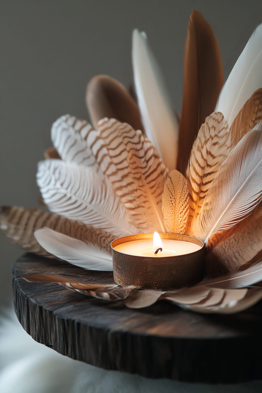 A collection of assorted feathers in shades of brown and white is arranged in a circular pattern around a lit candle on a dark wooden base. The soft candlelight highlights the delicate textures of the feathers, creating an airy and sophisticated design.