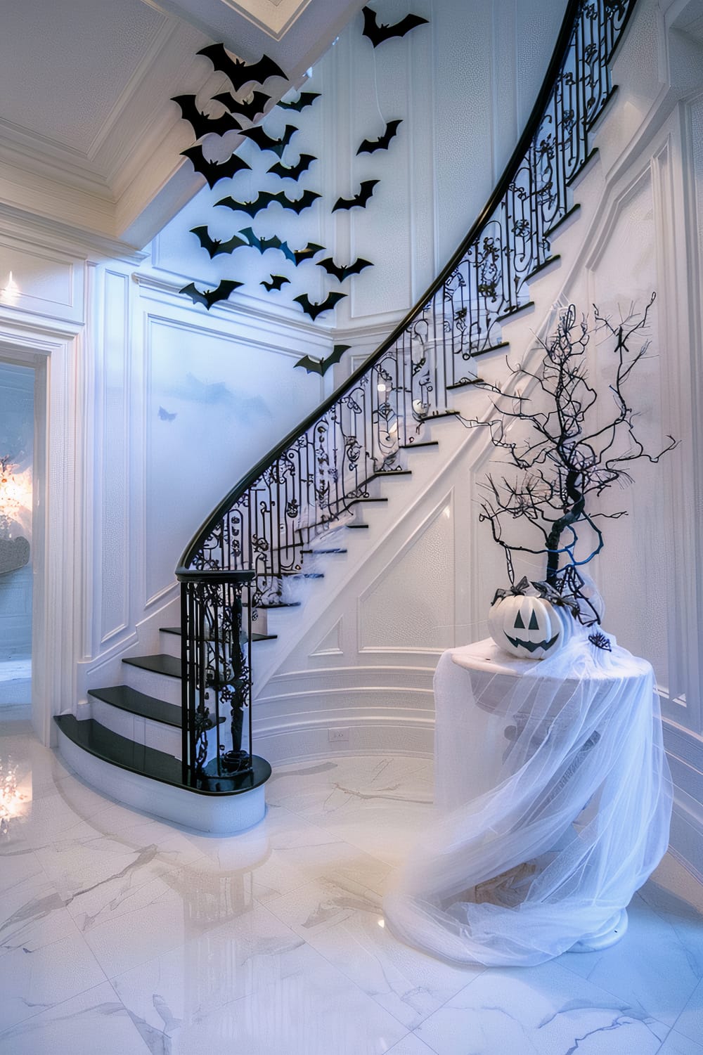 An elegantly styled staircase decorated for Halloween. The spiral staircase features black ornate railings against a backdrop of white paneled walls. Black paper bats are suspended from the ceiling, creating a spooky yet refined atmosphere. At the bottom of the stairs, a round table is draped in white gauze, with a white pumpkin carved with a jack-o'-lantern face and a lifeless tree arrangement completing the Halloween theme.