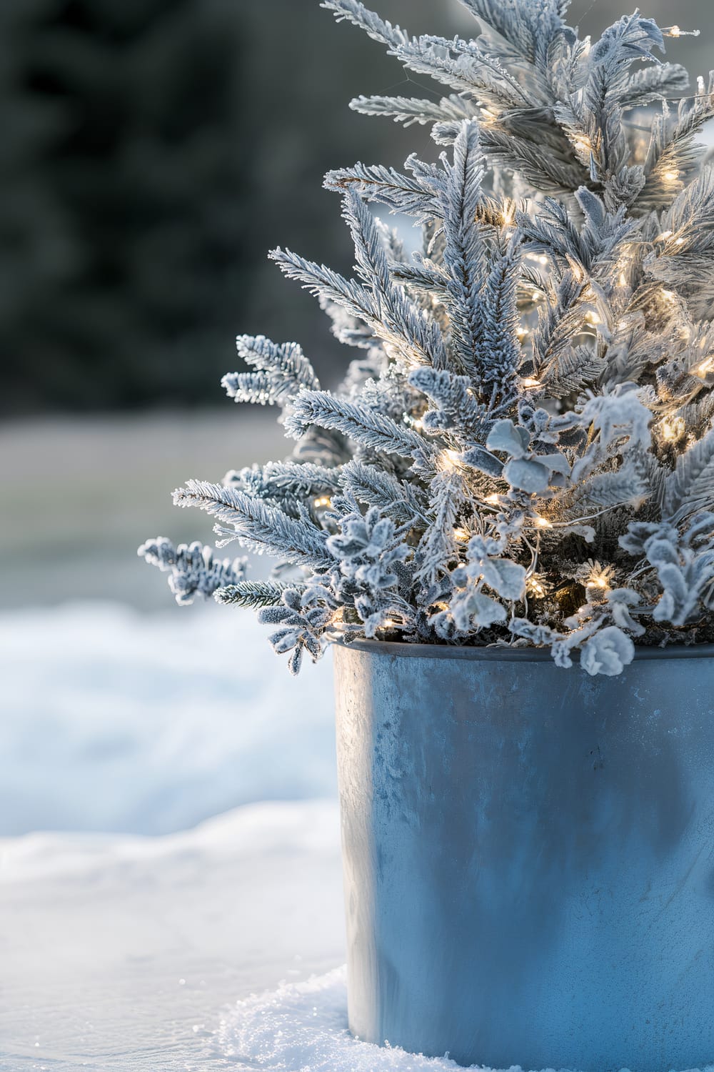 A rustic galvanized steel planter in a close-up shot under soft moonlight. The planter contains a slender Blue Spruce tree intertwined with English Ivy and accented with silver-draped branches. The tree's frost-covered needles glisten subtly, and delicate lights illuminate the branches. The background features a softly illuminated snowy landscape under gentle moonlight.