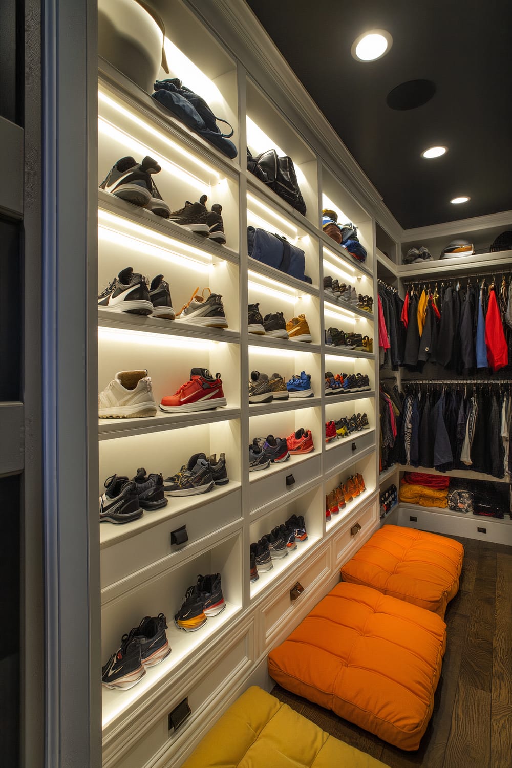 A pre-teen walk-in closet with a dedicated shoe wall, displaying various sneakers and shoes in built-in cubbies illuminated by soft LED lighting. The walls are lined with hanging rods and open shelves holding clothes and accessories. A soft bench below the shoe wall serves as additional storage for backpacks and gear. The closet features well-organized, practical layout elements with easy access to all items.