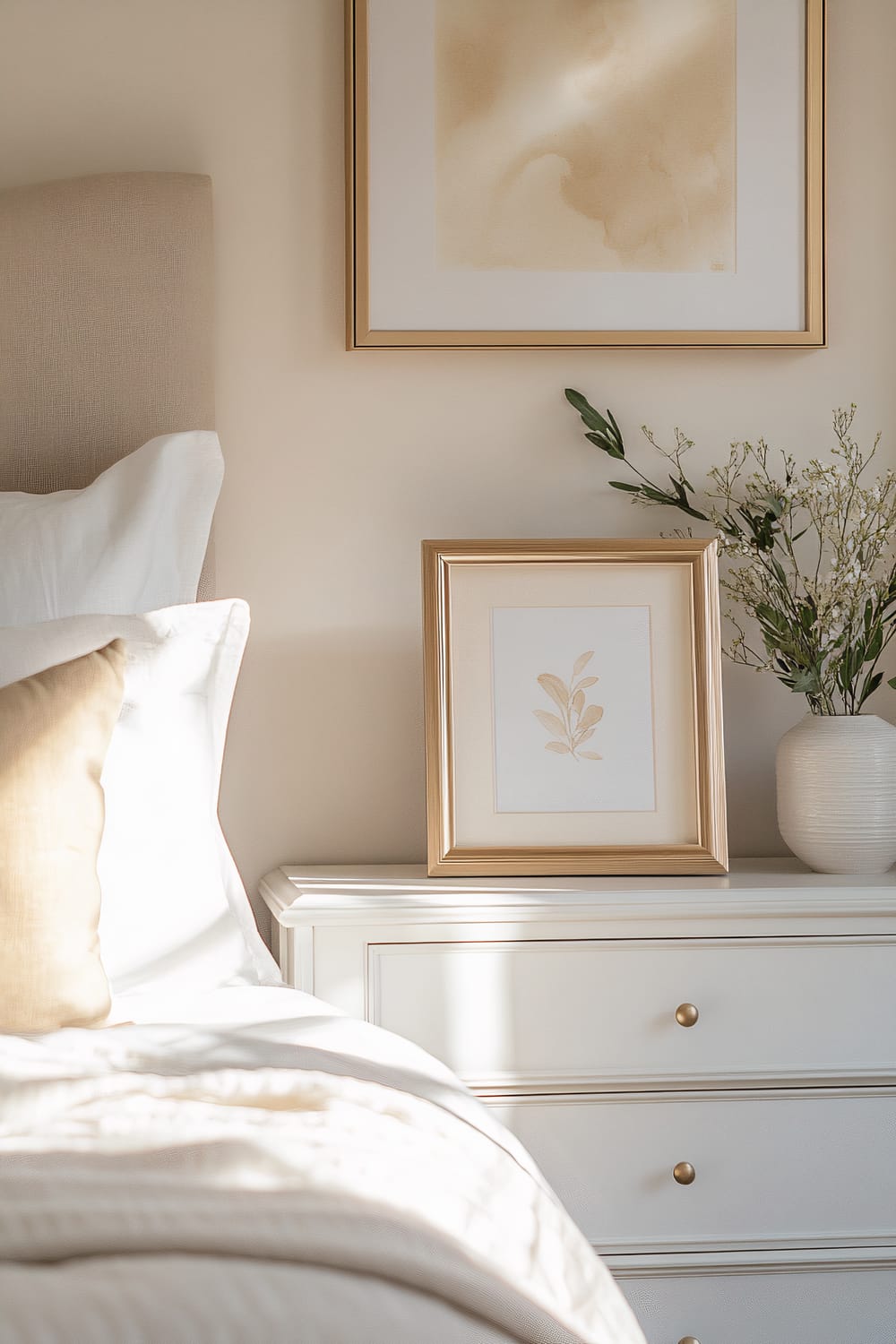 A contemporary bedroom with a neutral color scheme, featuring a white dresser with a small champagne metallic picture frame. The picture frame contains a simple leaf artwork. A white vase with delicate flowers is placed next to the frame. Above the dresser, a larger, similarly framed abstract artwork hangs on the wall. The bed is partially visible, with white and beige bedding.