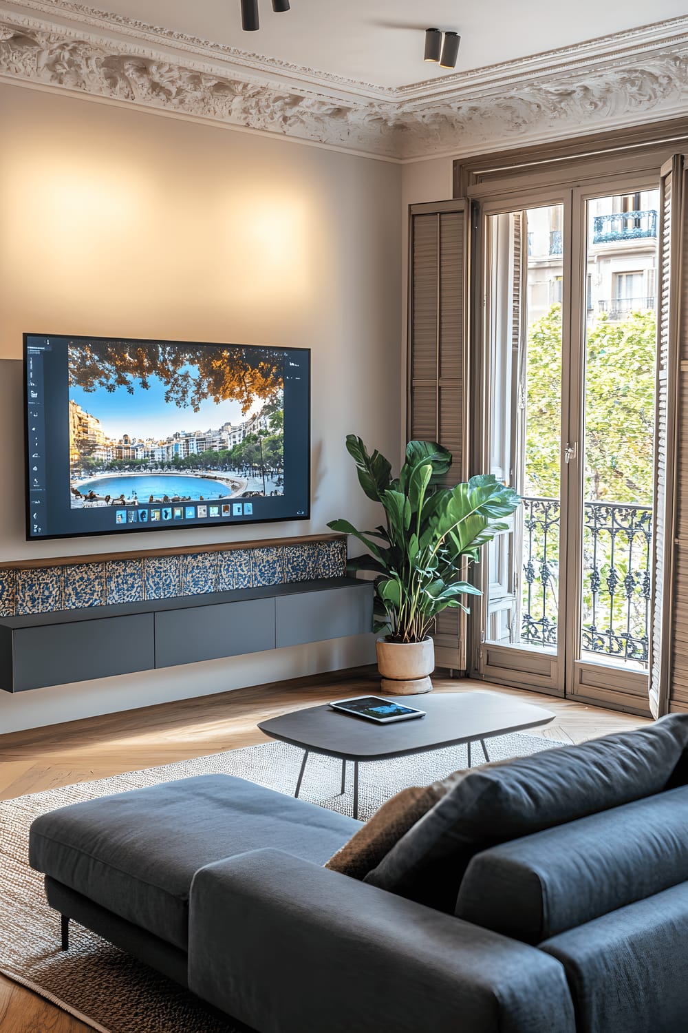 A sleek, modern living room boasting smart home features and Barcelona’s artistic heritage. The room features a low-profile charcoal gray sectional sofa facing a wall-mounted 4K smart TV, framed by a custom Modernisme-inspired shelf dotted with decorative Gaudí-style tiles. Automated blinds with Catalan patterns are opened, revealing large windows. A minimalist coffee table bearing a tablet and designer lamp is placed conveniently in front of the sofa. A smart thermostat is subtly integrated into the wall, and soft LED lighting accents the room, casting a light glow on tech and artistic elements.