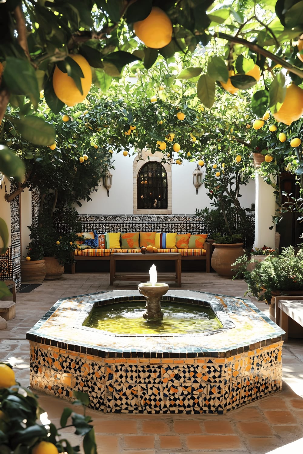 A small courtyard-style patio with a central mosaic-tiled fountain surrounded by low wooden benches adorned with colorful woven cushions. Potted lemon trees are placed adding an element of fresh, green contrast. The walls hosting playful water reflections bear witness to the sunshine interacting with the fountain.