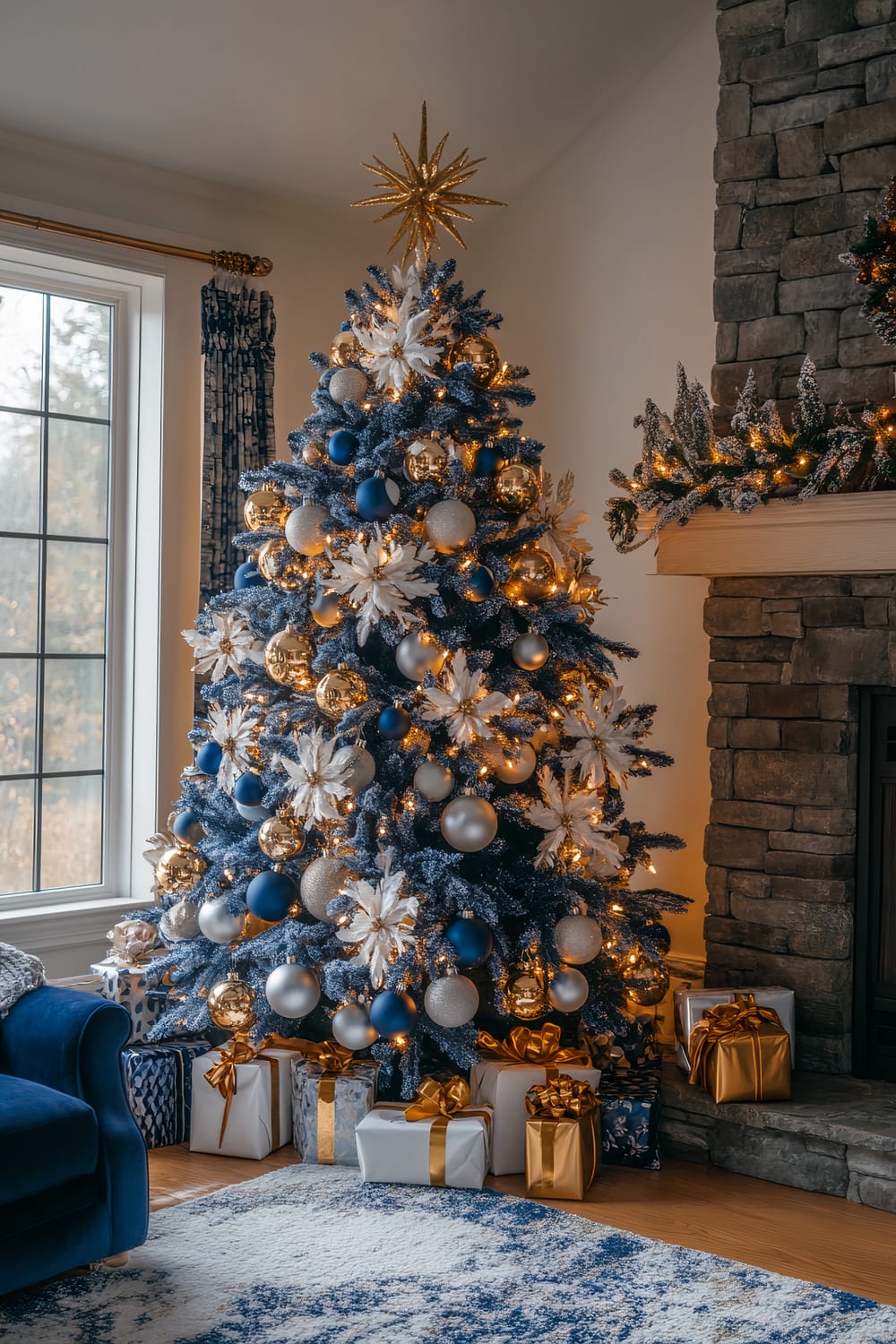 A beautifully decorated Christmas tree stands in a living room next to a stone fireplace and a large window. The tree is adorned with silver, gold, and blue ornaments, as well as white and gold starburst decorations. The tree topper is a golden star, and warm white string lights illuminate the tree. Beneath the tree, several gift boxes wrapped in white, gold, and blue paper with gold ribbon are neatly placed. The room features a blue and white area rug and a blue sofa is partially visible.