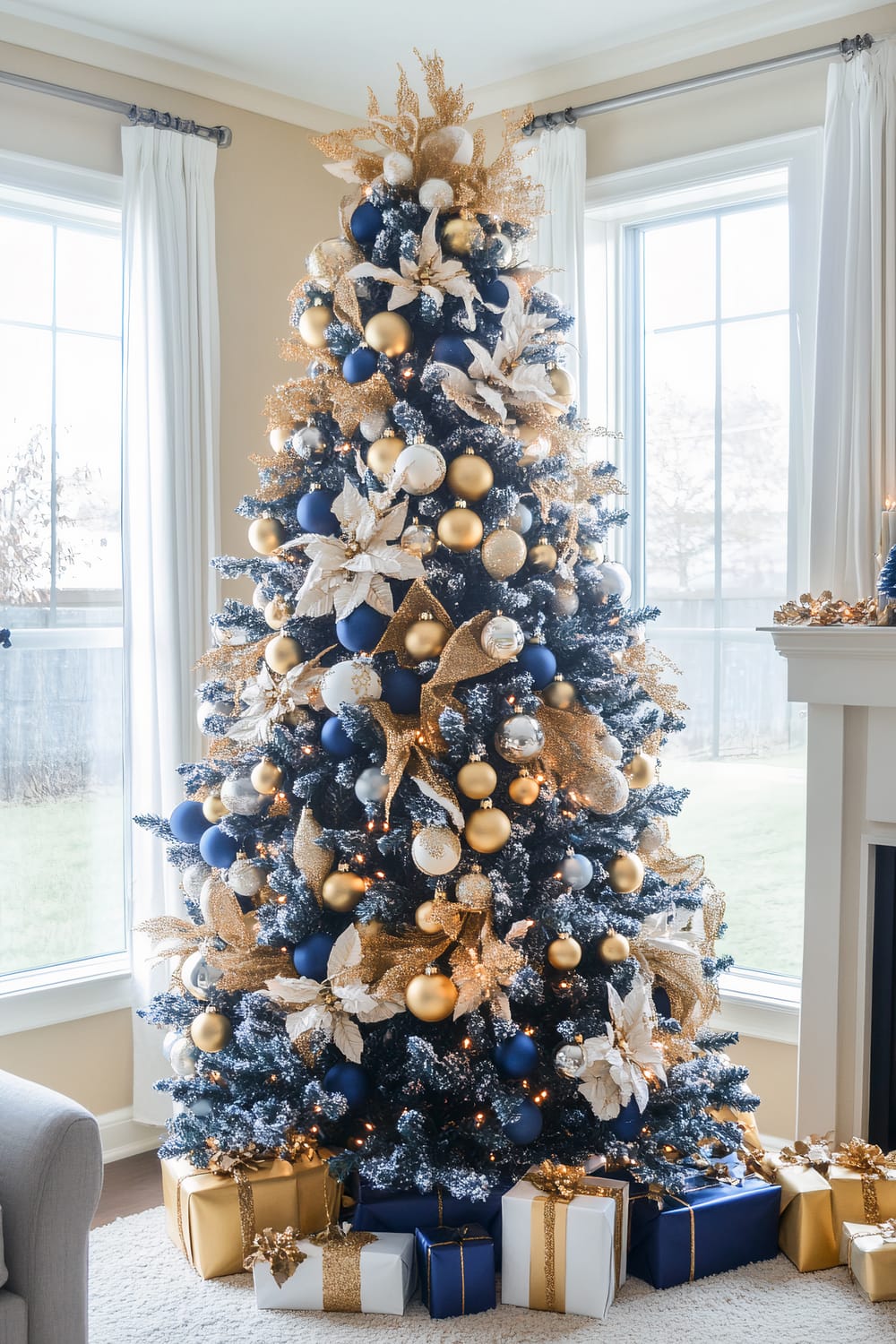 A lavishly decorated Christmas tree is adorned with blue and gold ornaments, glittering ribbons, and white poinsettias. The tree sits in a bright living room with large windows and white curtains, and wrapped presents in blue, white, and gold are placed at its base.