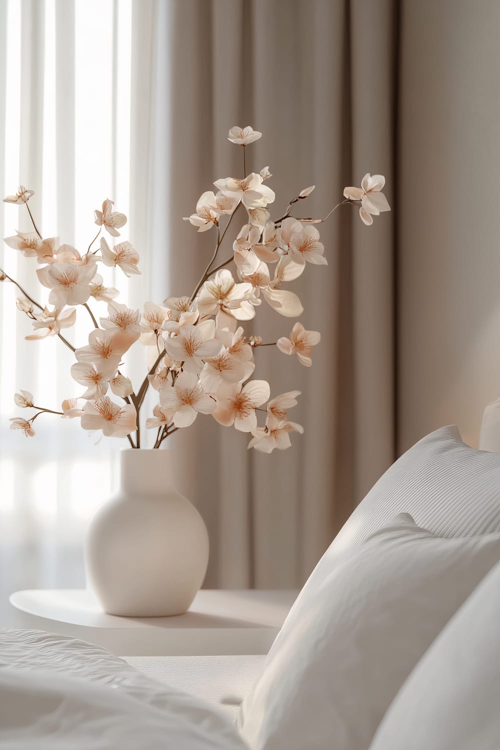 A contemporary bedroom featuring a small arrangement of pale peach flowers in a simple white vase on a minimalist white nightstand. The delicate flowers are highlighted by soft ambient light, with neutral-colored bed linens and curtain in the background, creating an elegant and inviting ambiance.