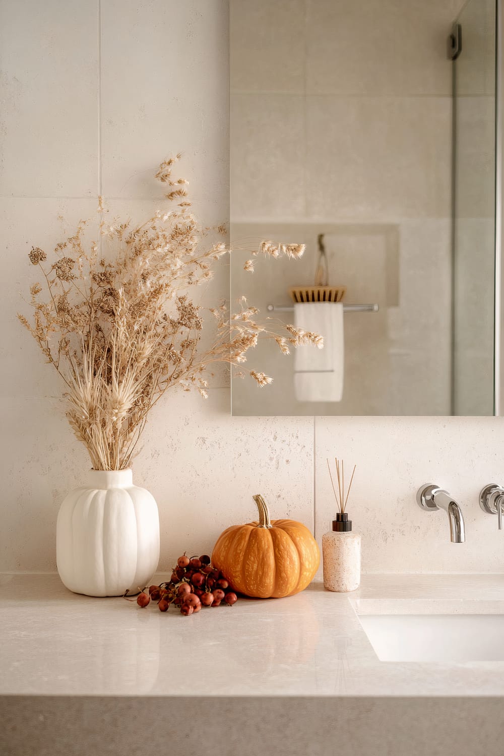 A bathroom countertop decorated in a minimalist style features a white, textured pumpkin-shaped vase holding dried floral arrangements. Next to it, there is a small orange pumpkin and a cluster of red berries. A reed diffuser bottle with a cork texture is placed near the modern chrome faucet. The vanity is topped with a smooth, light-colored stone, and a large mirror reflects an adjacent towel rack in the background.