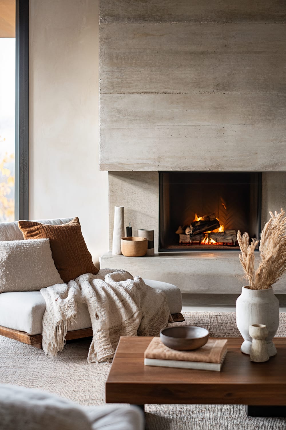 A living room scene features a modern, rustic fireplace with a concrete finish. Nearby, a plush, low-profile white sofa is adorned with a textured beige blanket and rust-colored pillow. The coffee table, made of warm wood, holds minimalist decor items including a bowl and bound books. A ceramic vase filled with dried pampas grass adds a natural element.