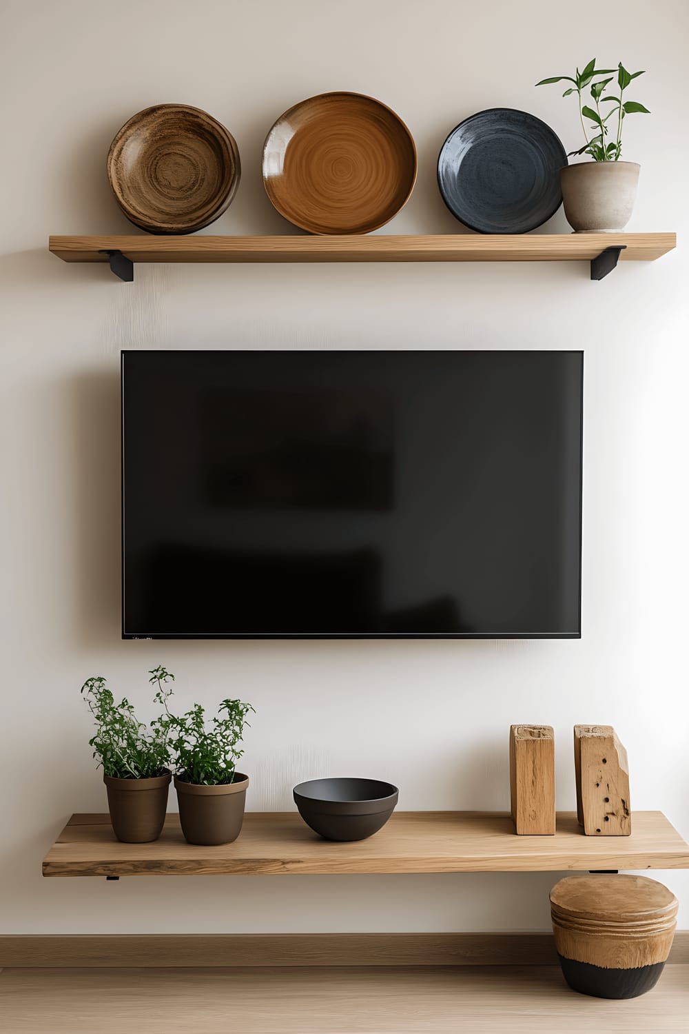 A flat-screen television is mounted on a light ivory wall, surrounded by various decorative elements including muted colored ceramic plates, minimalist wooden sculptures, and small potted herbs that are arranged on slim floating shelves. The area is bathed in soft, diffused lighting.