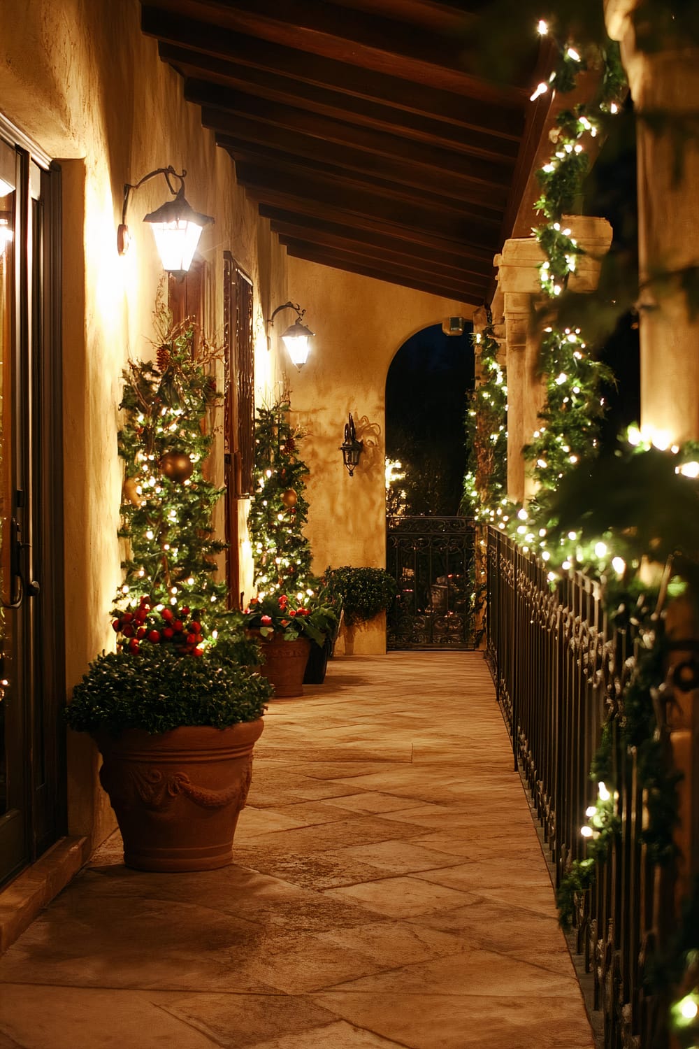 A warmly lit corridor with a wooden ceiling and stone floor, decorated with potted plants and garlands wrapped around pillars. Wall-mounted lanterns provide soft lighting, and holiday decorations including winter greenery and baubles adorn the space.