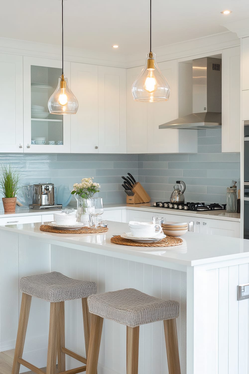 A modern kitchen featuring a white island with two woven rattan stools and place settings for two. The island has a clean white countertop and is supported by paneled cabinetry. Two pendant lights with glass shades hang above the island. Behind the island, there is a countertop against a light blue subway tile backsplash, with a stainless steel stove and range hood, a knife block, teapot, and small potted plant visible.