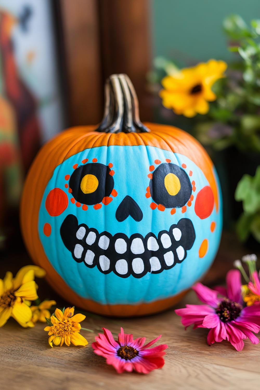 A close-up of a pumpkin decorated with a colorful Day of the Dead (Día de los Muertos) design. The pumpkin is painted with a bright turquoise blue background covering most of its surface, featuring a stylized skull face in black and white. The eyes are exaggerated black circles with yellow centers, surrounded by small red dots. The mouth is filled with big, white teeth, and red dots decorate the cheeks and jaw area. Surrounding the pumpkin are vibrant pink and yellow flowers set on a wooden surface.