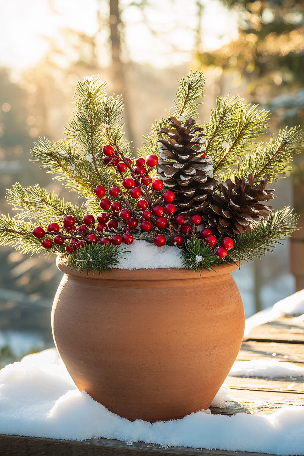 A large terracotta outdoor planter contains a single Norfolk Island Pine, adorned with red cranberries and wooden pinecones. The planter is placed on a snow-covered wooden deck during golden hour. The deep green needles and bright red berries create a vivid contrast against the soft white snow. Warm sunlight and long shadows enhance the serene winter atmosphere.