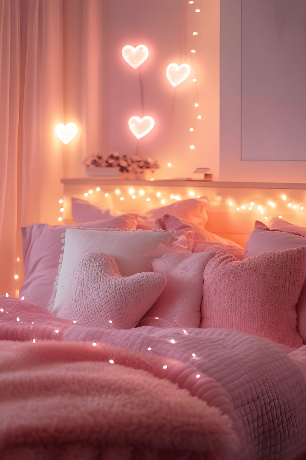 A bedroom featuring a queen-sized bed with soft pink linens and an assortment of heart-shaped pillows in shades of pink and white. The space is illuminated by gentle pink LED lights around the headboard and beneath the bed, alongside delicate fairy lights scattered throughout the room, creating a dreamy and romantic ambiance.