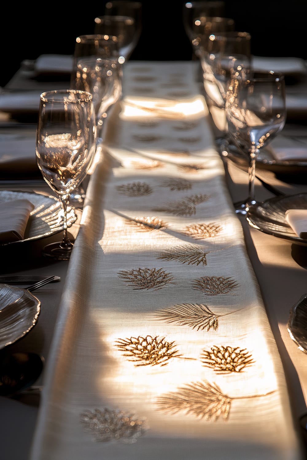 A beige table runner with metallic embroidery of pinecones is placed on a dark table setting. The table is arranged with crystal glasses and dinner plates, with strong overhead lighting highlighting the runner's textures and creating a visually striking contrast.