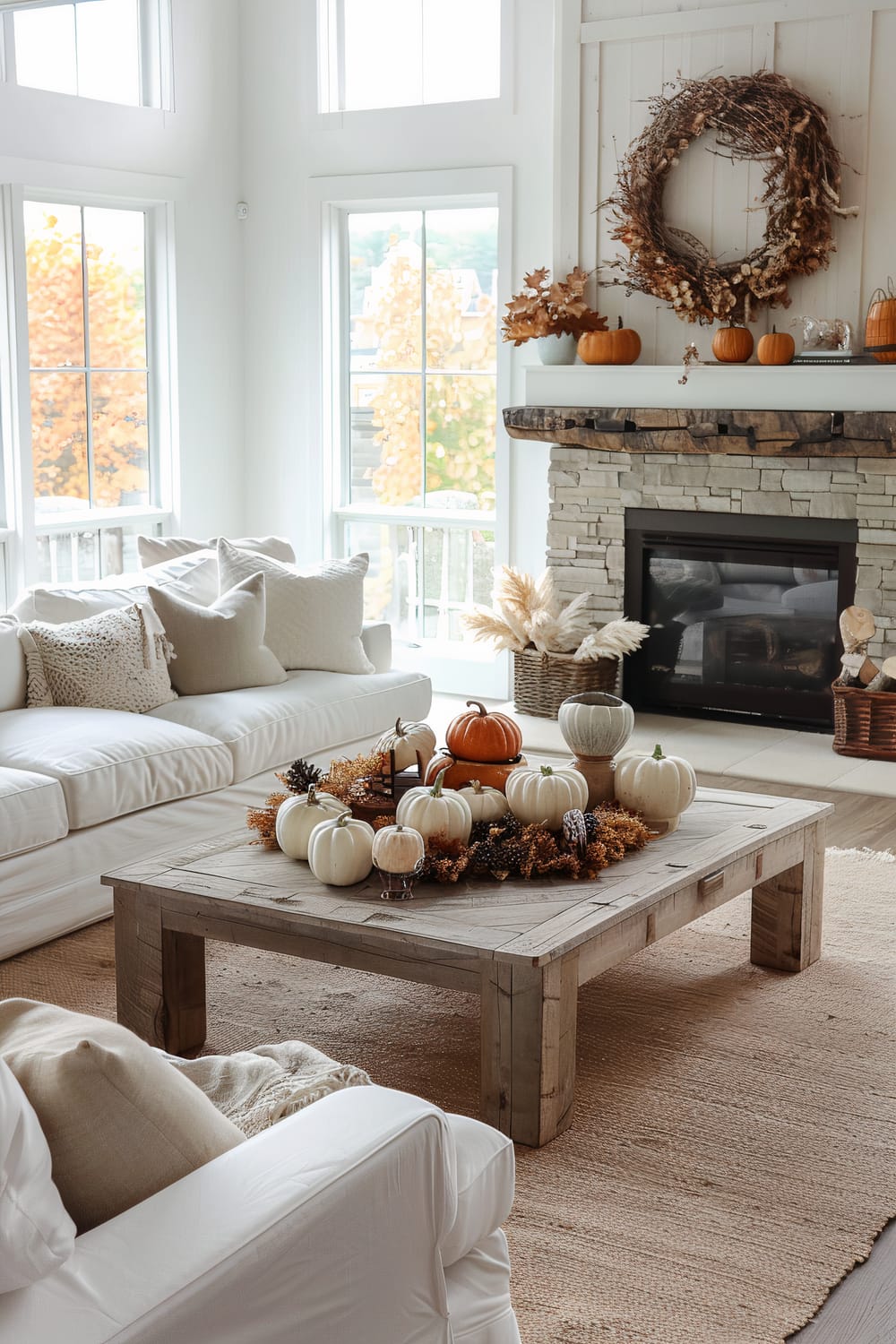 Bright living room featuring large windows, a stone fireplace, and a wooden coffee table adorned with a variety of decorative pumpkins and autumn-themed foliage. A white sofa with beige pillows and a white armchair are placed around a textured, neutral-colored rug.