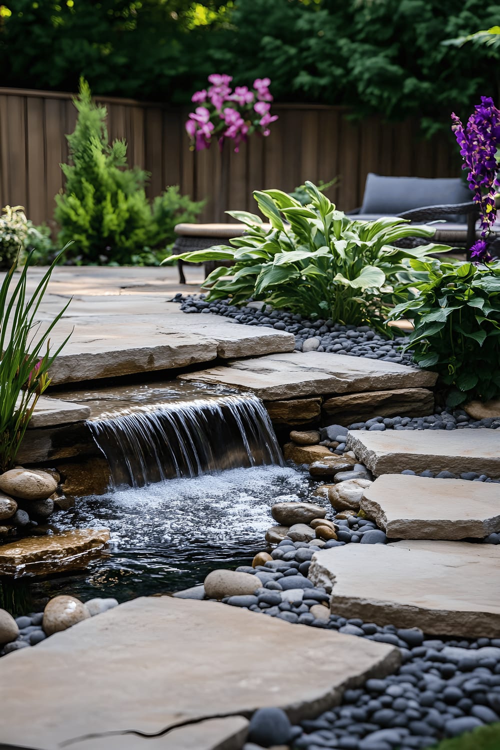 A lush, serene, tropical backyard scene featuring a waterfall fountain cascading over a gentle slope of natural stone rocks into a clear basin below. The surroundings are populated by tropical plants such as large ferns and striking orchids that collectively emit a jungle-like ambiance. The area also comprises of smooth pebbles and stepping stones that pave a path to a seating area nearby.