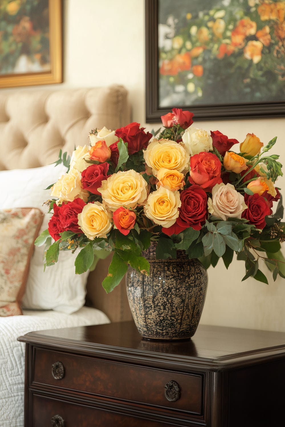 A large bouquet of mixed red, yellow, orange, and cream roses in a blue and cream ceramic vase sits on a dark wooden bedside table. The background includes a tufted beige headboard, white bedding, and floral artwork on the wall.