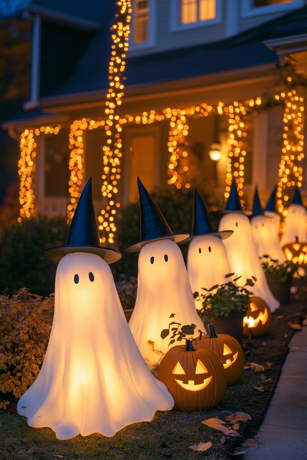 A night-time scene of a house decorated for Halloween. The front yard features glowing ghost decorations wearing black witch hats and carved jack-o'-lanterns emitting warm light. The house in the background is adorned with strings of orange fairy lights around the porch area, illuminating the dark scene.