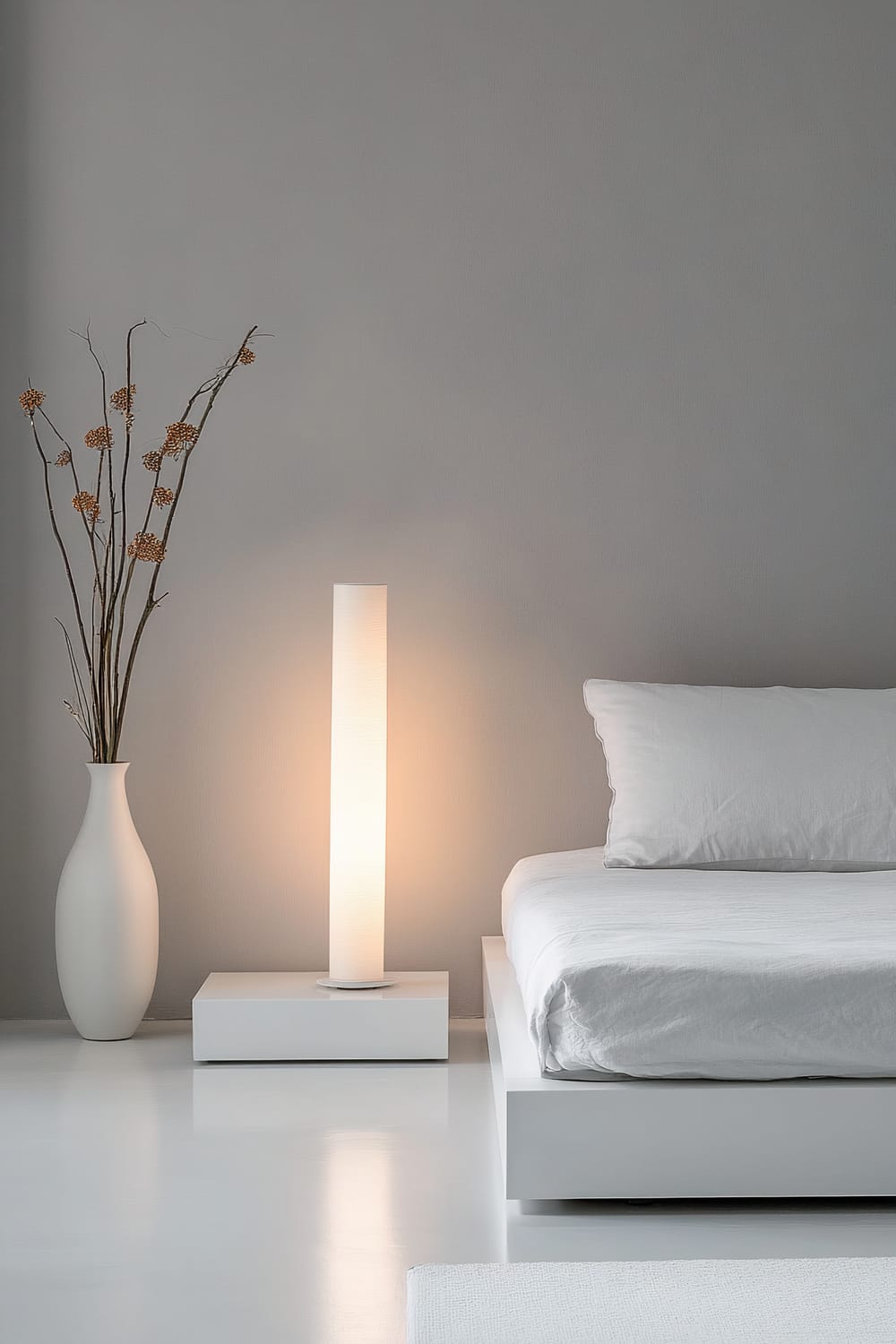 A minimalist bedroom with a white platform bed, a sleek white nightstand, and a tall, decorative vase. Soft lighting is provided by a single lamp. The walls are light grey, and the atmosphere is clean and organized.