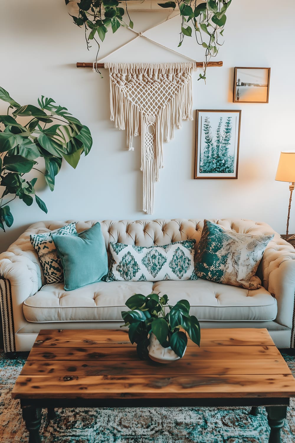 A small living room in a boho farmhouse style with a plush tufted sofa decorated with patterned cushions. This room features a distressed wood coffee table in the middle and a macramé plant hanger from the ceiling, holding a trailing pothos plant. The room is filled with a mix of vintage and modern decor pieces, with a predominant warm neutral color scheme punctuated by bursts of teal color. Light is provided by table and floor lamps, giving off a charming and cozy ambiance.