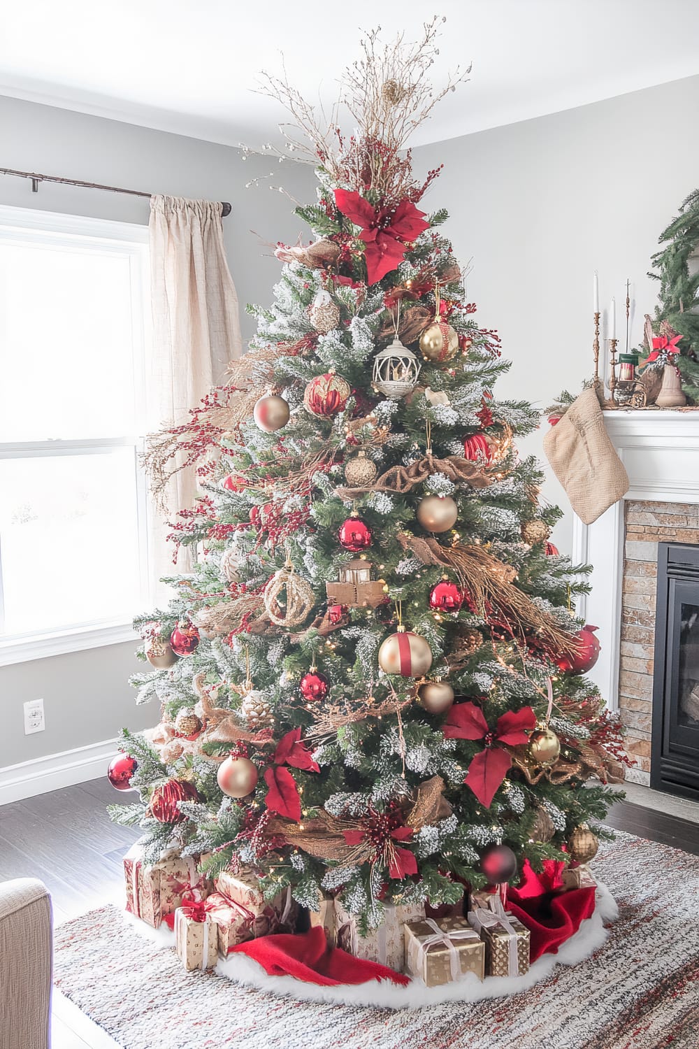 A beautifully decorated Christmas tree stands in a living room next to a window with cream-colored curtains. The tree is adorned with red poinsettias, gold and red ornaments, pinecones, and various natural elements. Wrapped presents with festive patterns are placed under the tree on a red and white tree skirt. The room features a neutral color palette, with a white fireplace with a brick interior and holiday decorations on the mantle.