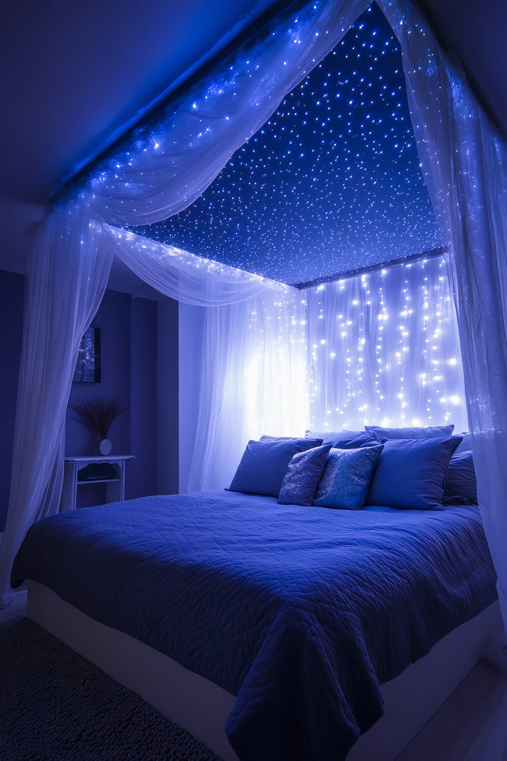 A chic bedroom featuring starlit projections on the ceiling canopy. The room has a midnight blue and silver color scheme with minimalist furnishings. Dynamic lighting creates a starry night effect, casting a serene and captivating atmosphere in the high-resolution image.