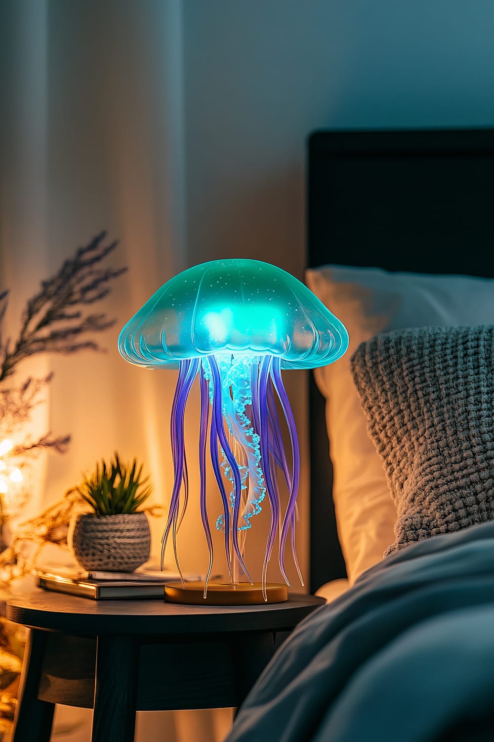 A small jellyfish-shaped table lamp with glowing tentacles in bold aqua and lavender colors on a bedside table. The lamp is illuminated and casts a soft light against the dark wood furniture. The background features minimalistic decor with a potted plant, a book, and soft bedding.