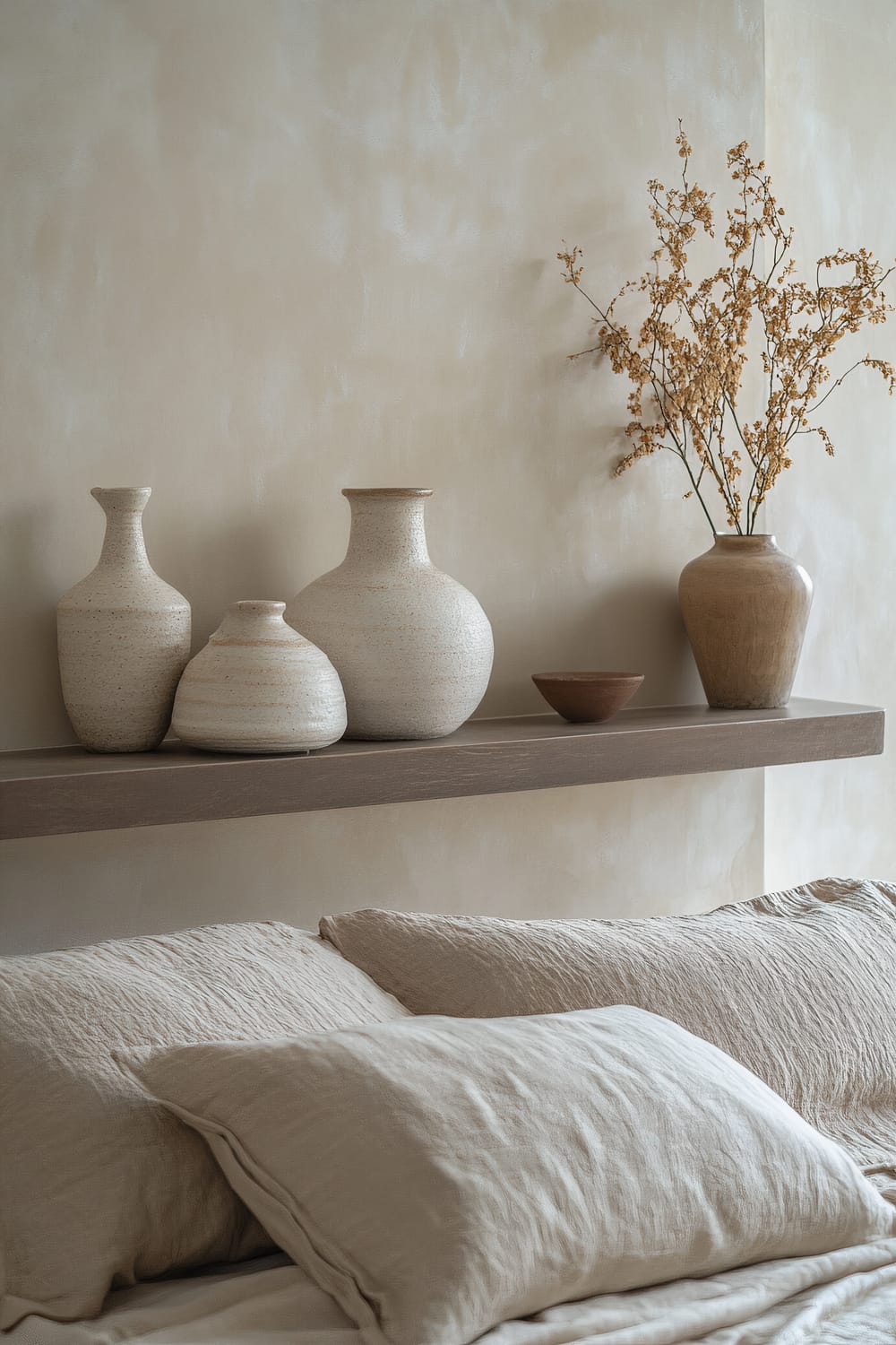 A contemporary bedroom interior showcasing various artisan ceramic decor pieces on a floating shelf above a simple bed with layered bedding. Natural light highlights the intricate textures of the ceramics, which include several vases of different shapes and sizes, as well as a dried floral arrangement.