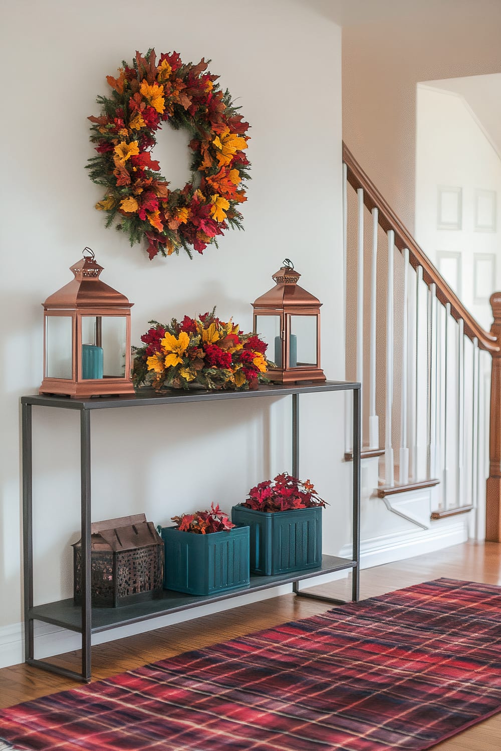 A minimalist entryway decorated for Thanksgiving. It features a sleek steel console table with copper lanterns and a centerpiece of vibrant red and yellow flowers. On the wall above the table is a fall wreath with colorful leaves and teal accents. The floor is covered by a warm-toned plaid rug. The area is well-lit by natural light, creating an uncluttered and elegant atmosphere.