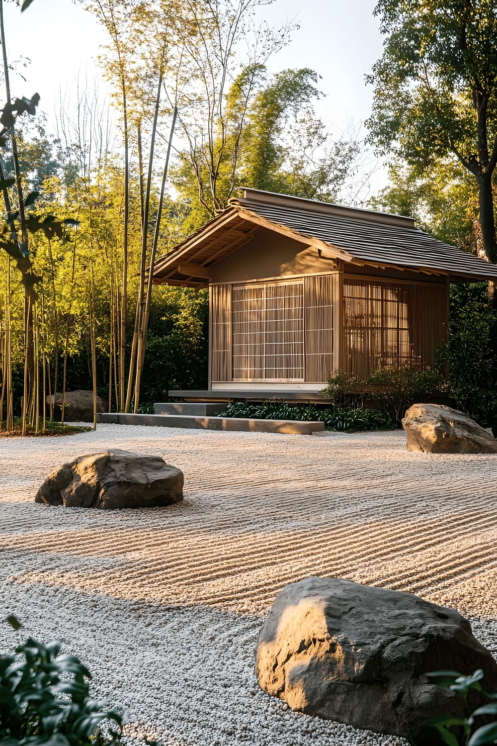 A tranquil scene featuring a small, traditional wooden tea house nestled amidst a garden of precisely raked gravel, accentuated by intentionally placed rocks, and bamboo plants, all bathed in the soft glow of morning light.