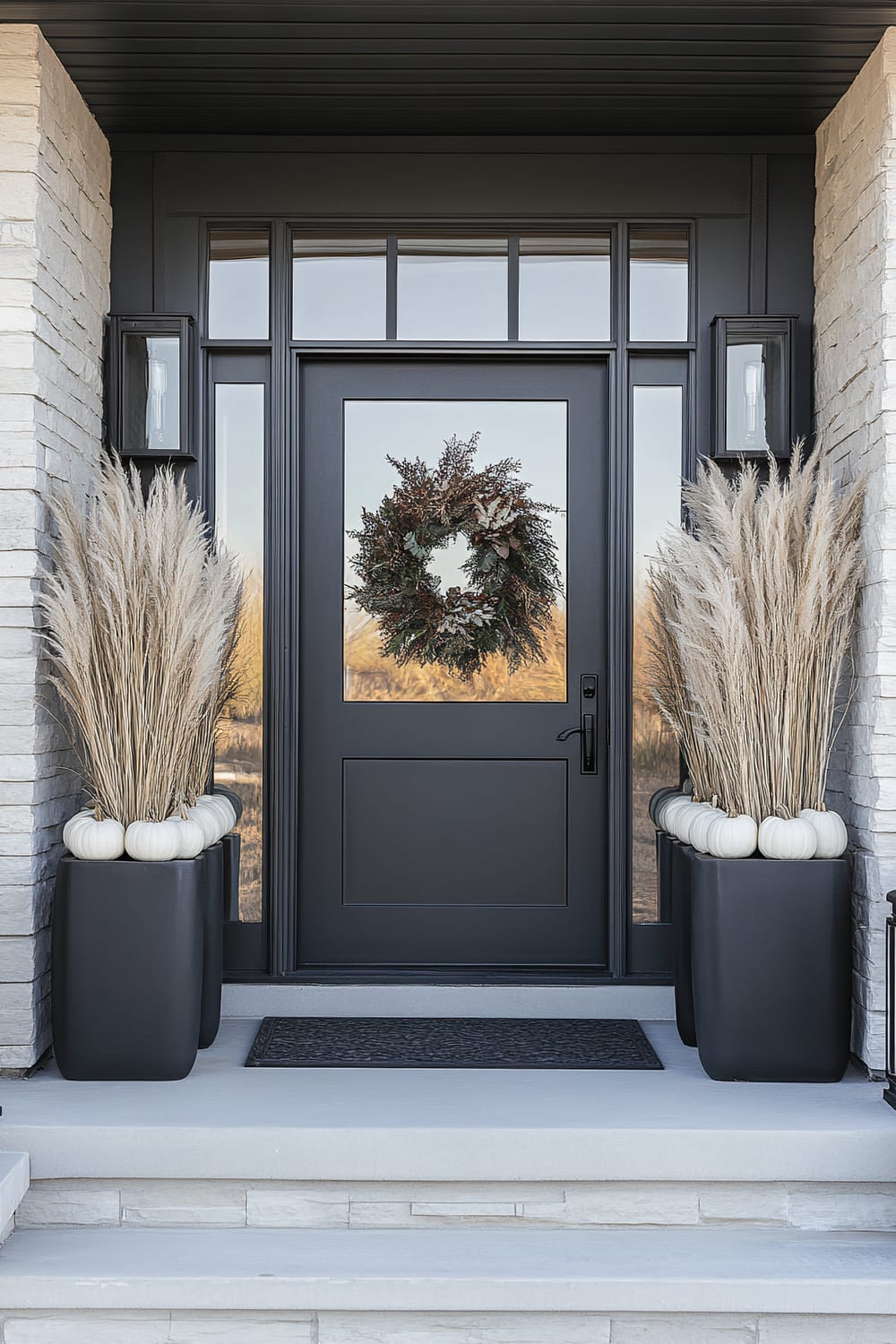 A modern front porch featuring a black door with large glass panels flanked by sidelights and topped by a transom window. The door has a festive wreath hanging on it. On either side of the door, there are tall black planters filled with dried, tufted grasses and white pumpkins arranged at the base. The porch is built with light gray stone steps and white brick walls.