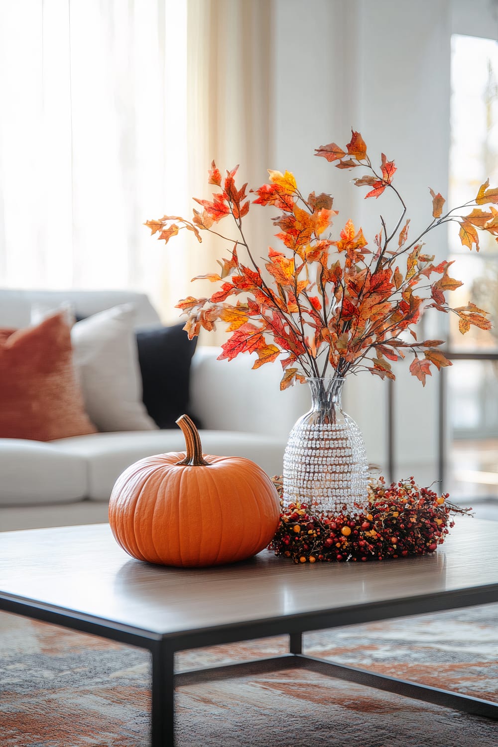 A modern living room scene focuses on a coffee table adorned with autumnal decorations. A vibrant orange pumpkin and a vase filled with artificial branches bearing fall-colored leaves dominate the tabletop, accompanied by a wreath of berries. In the background, a white sofa is decorated with rust-colored and black throw pillows. Delicate, sheer curtains allow soft natural light to flow into the room, creating a warm and inviting atmosphere.